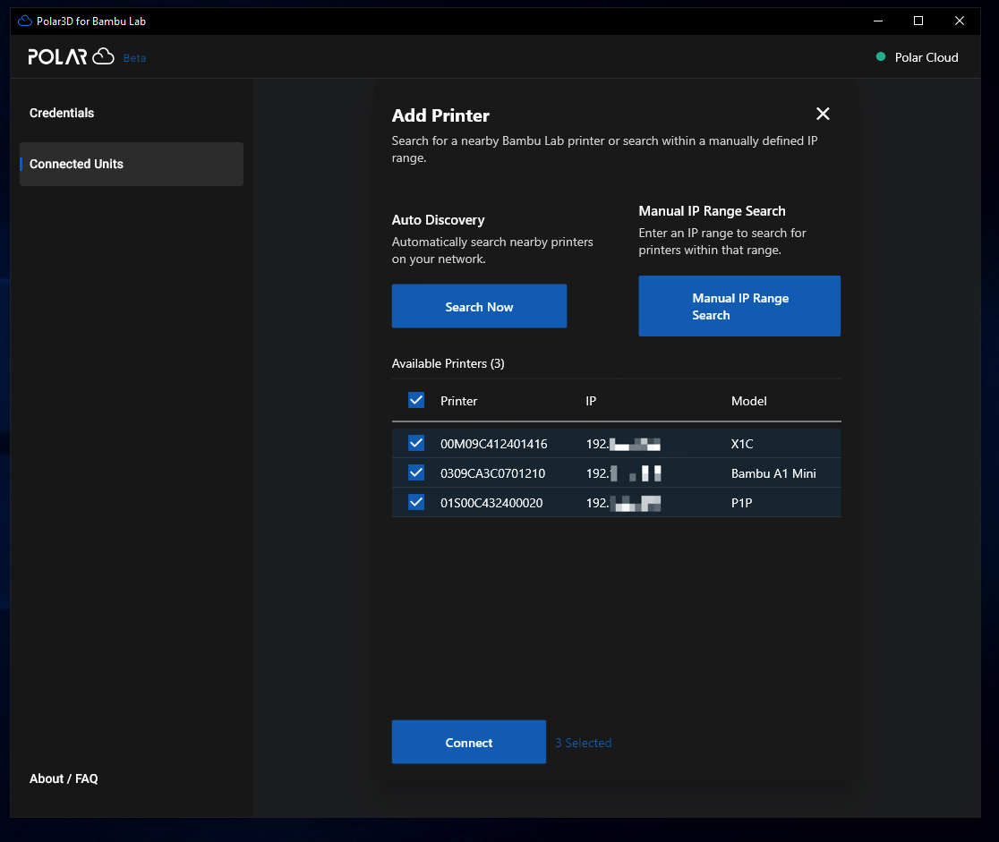 Polar3D for Bambu Lab Agent automatically discovering an X1C, A1 Mini, and P1P on the local network