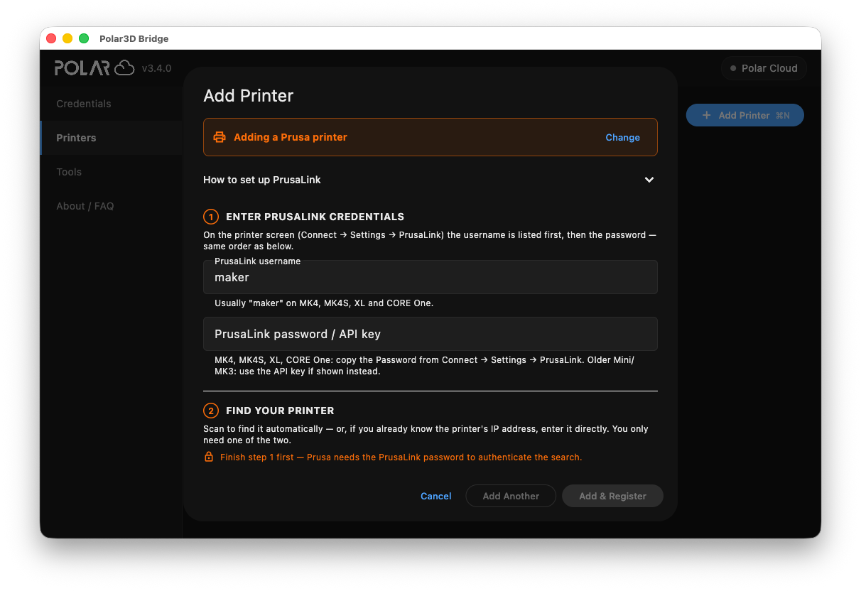 Polar3D Bridge guided setup for adding a Prusa printer with PrusaLink credentials