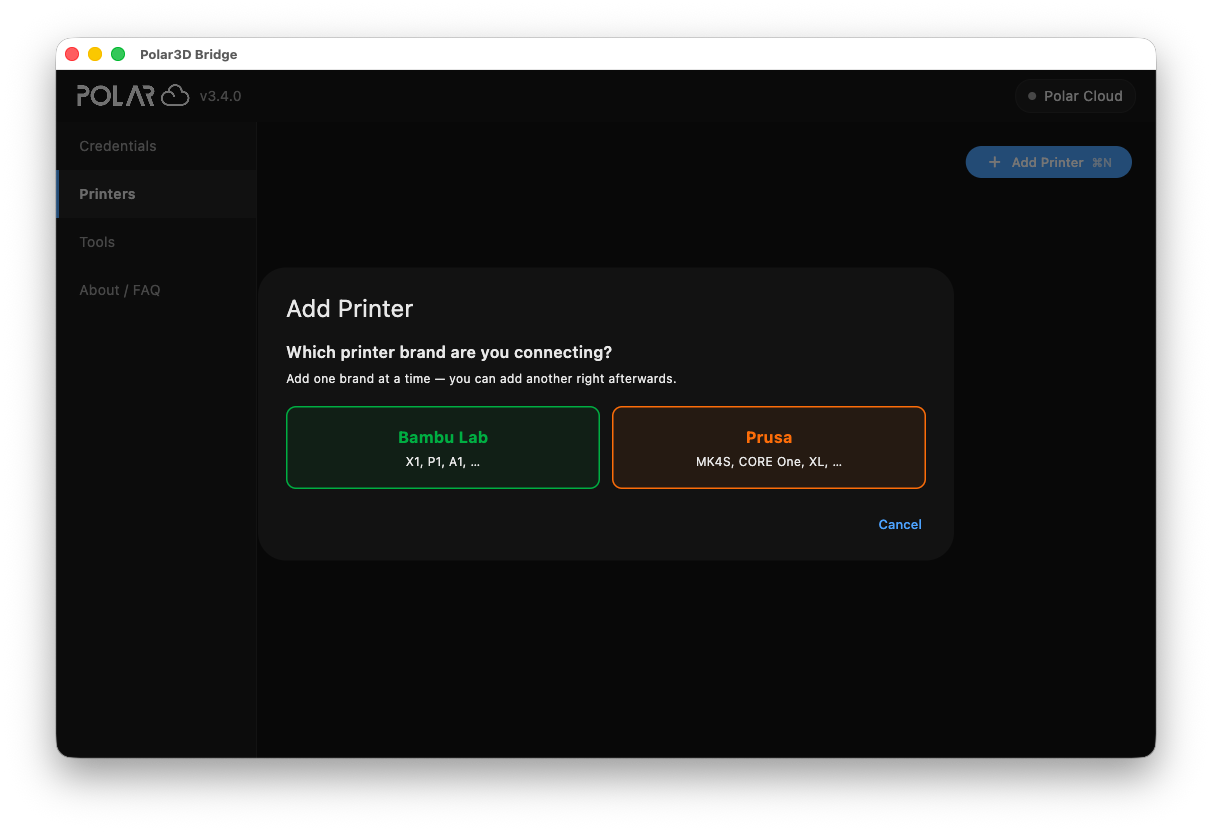 Polar3D Bridge Add Printer screen asking which printer brand you are connecting, Bambu Lab or Prusa