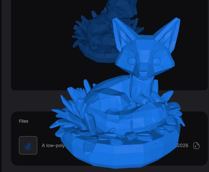The finished low-poly fox model curled around a planter, shown in the Polar Cloud model viewer and ready to slice