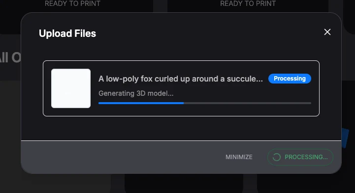 The upload dialog showing a progress bar with the status "Generating 3D model"