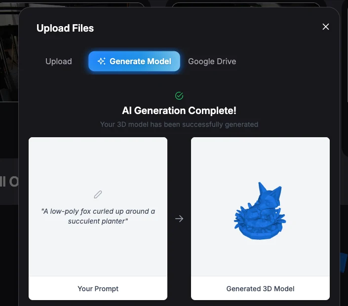 A completion panel reading "AI Generation Complete!" showing the text prompt beside a thumbnail of the generated three-dimensional fox model